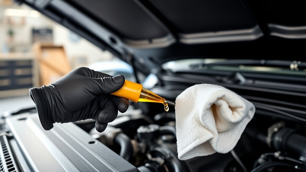 Checking the engine oil dipstick on a Toyota Land Cruiser parked on level ground