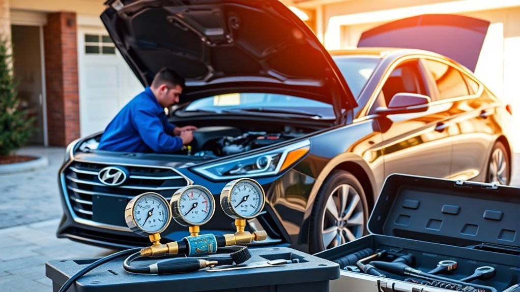 Checking A/C refrigerant pressure on a Hyundai Sonata with gauges