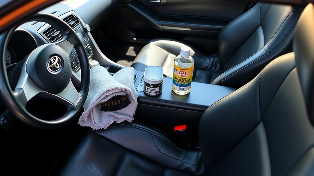 Microfiber cloths, soft brushes, vacuum tools, and surface-safe cleaners for a Toyota Supra interior