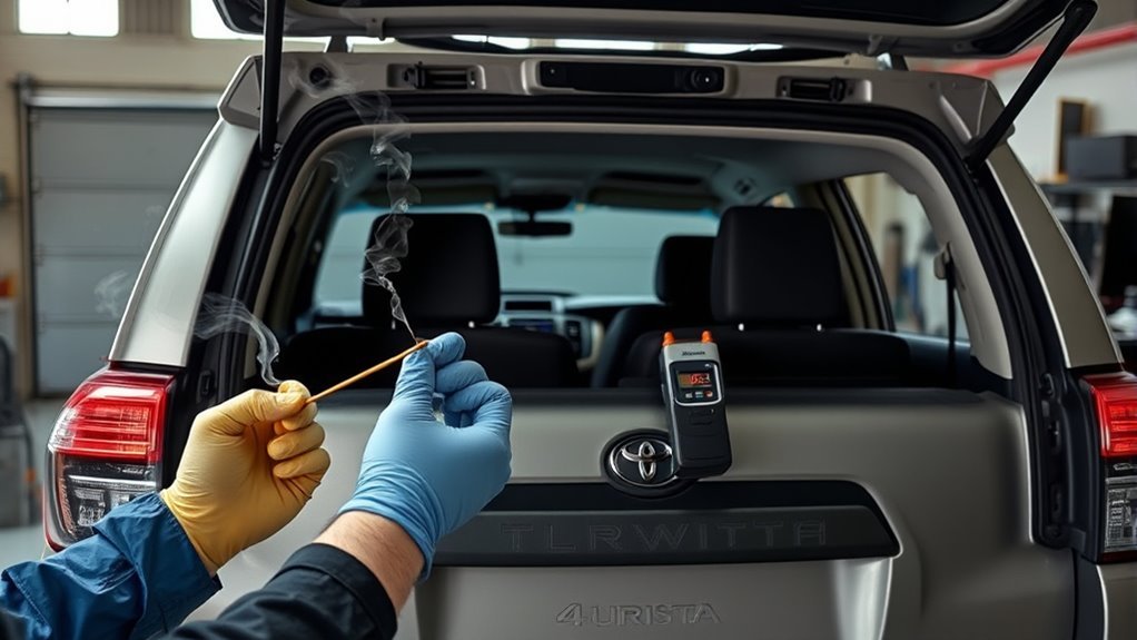 technician confirming the source of exhaust smell in a Toyota 4Runner cabin
