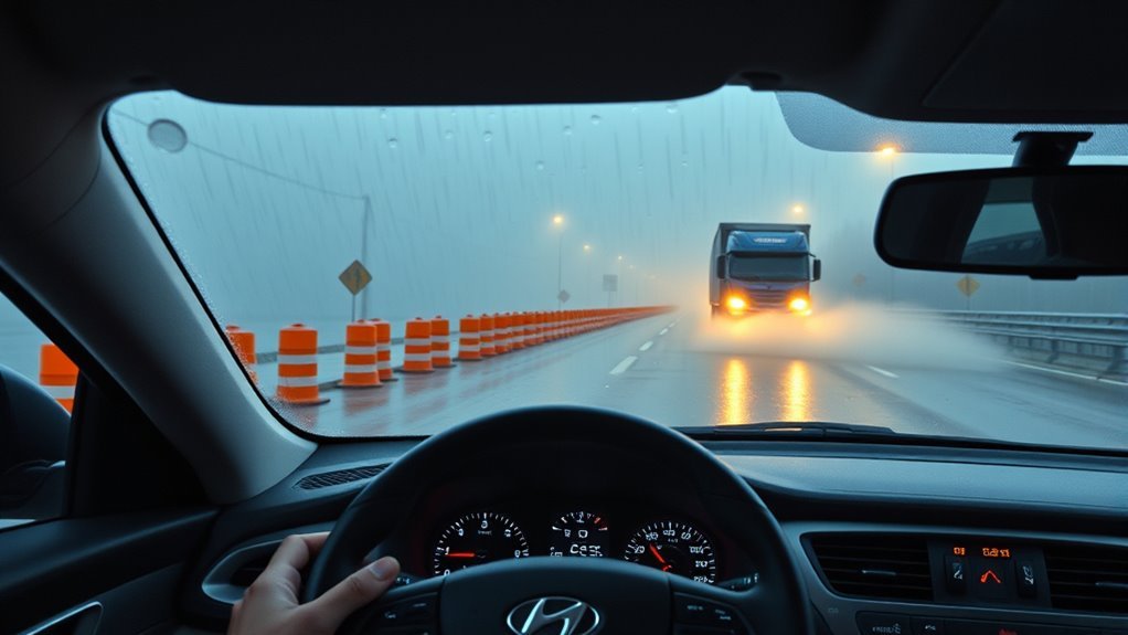 Driver taking manual control of a Hyundai Sonata in poor highway conditions