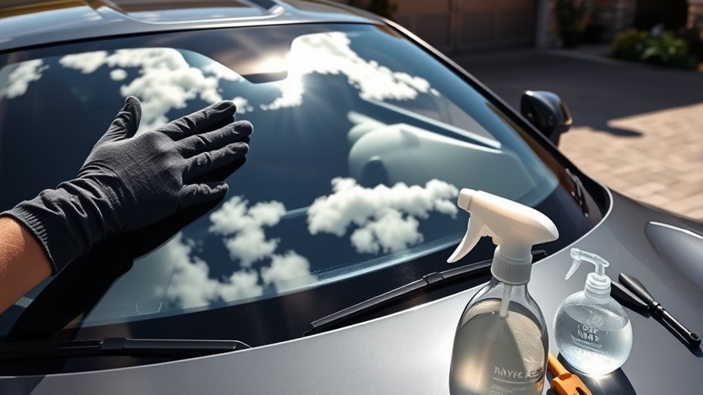 Cleaning Toyota Supra glass with a microfiber towel for a streak-free finish