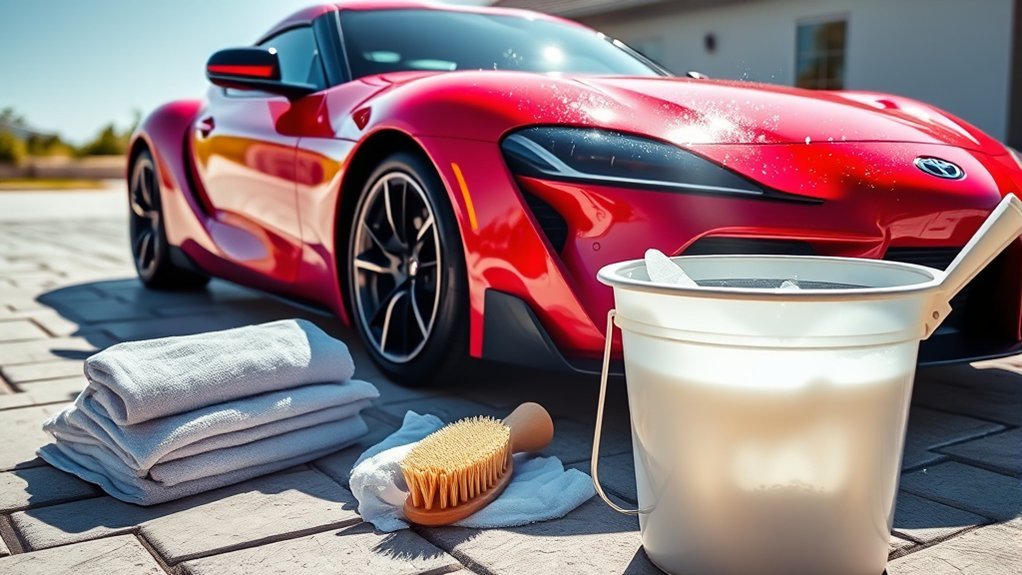 Essential Toyota Supra care tools including buckets, towels, and wash mitts