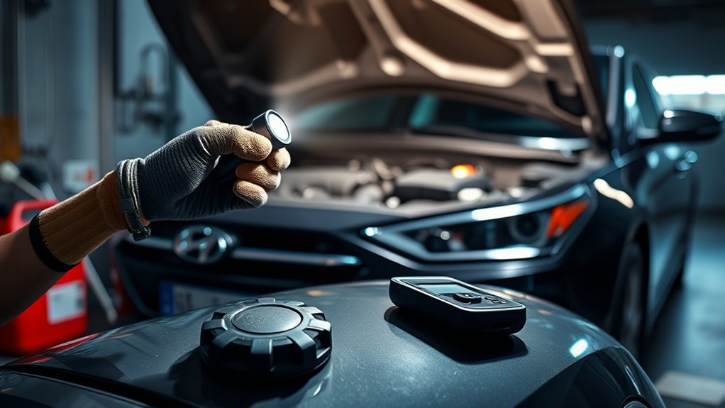 mechanic inspecting a suspected fuel leak under a Hyundai Sonata