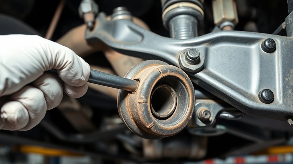 How to inspect suspension bushings for wear with a flashlight and pry bar