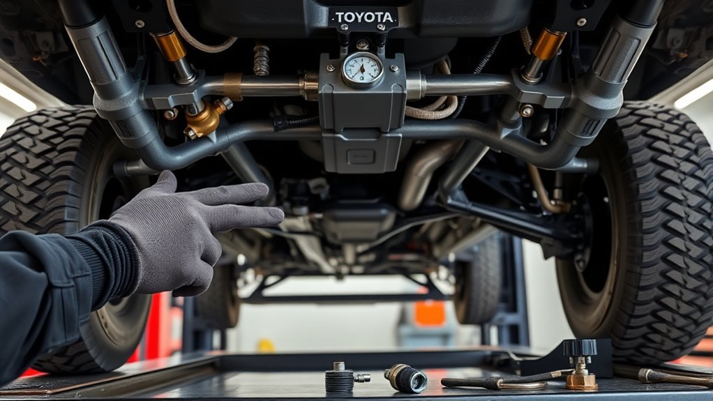 Inspecting Toyota 4Runner KDSS hydraulic cylinder, sway bar links, and lines during maintenance