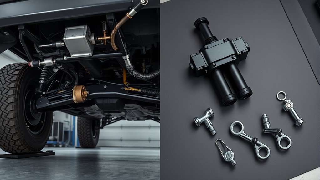 Toyota 4Runner front suspension comparing factory KDSS hydraulic cylinder and aftermarket sway-bar disconnect link