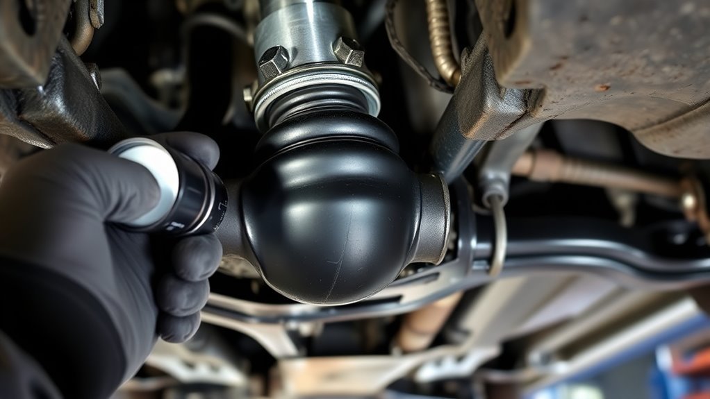 Mechanic inspecting a rubber CV boot and metal retaining clamp on a front drive axle