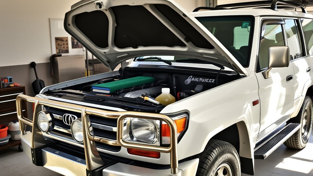 Land Cruiser maintenance checklist items including filters, fluids, and belts