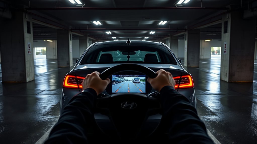 Driver checking mirrors and infotainment display while reversing a Hyundai Sonata in a busy parking lot