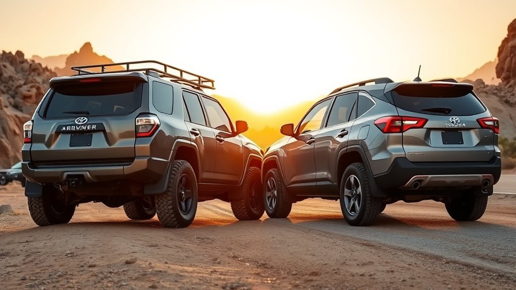 Side-by-side comparison of a rugged body-on-frame Toyota 4Runner and an efficient unibody crossover SUV