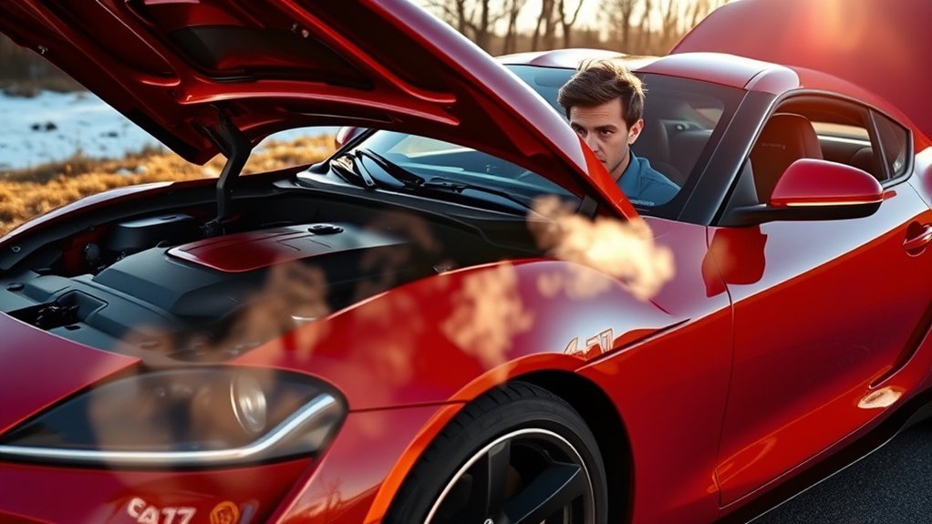 Signs of Toyota Supra overheating shown on the temperature gauge and warning lights