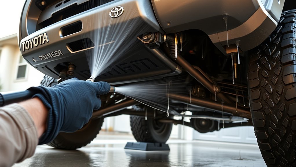 Toyota 4Runner undercarriage drying and inspection after washing