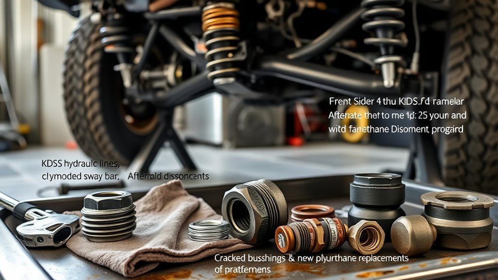Mechanic inspecting Toyota 4Runner front sway-bar mount brackets, polyurethane bushings, and end-link alignment